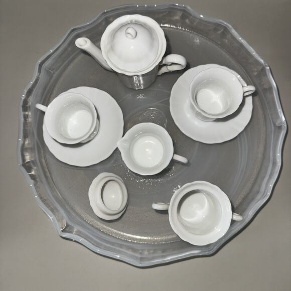 Vtg Dollhouse Miniature White Tea Set 10 Pcs Porcelain Kosta Boda Art Glass Dish - Picture 12 of 16